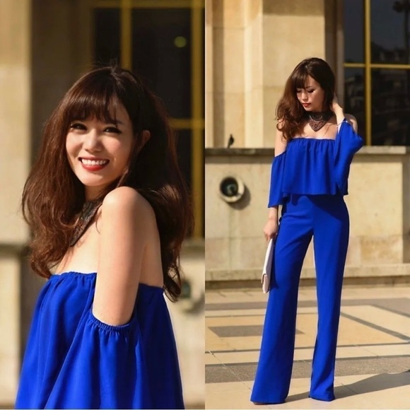 ZARA Off Shoulder Blue Jumpsuit Bloggers Favourite Size Small - Picture 1 of 14